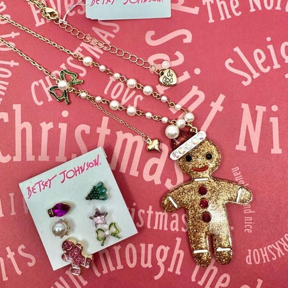Betsey Johnson ‘Feliz Navidad’ Gingerbread Man Necklace; Stud Earrings Set NWT - Picture 1 of 16